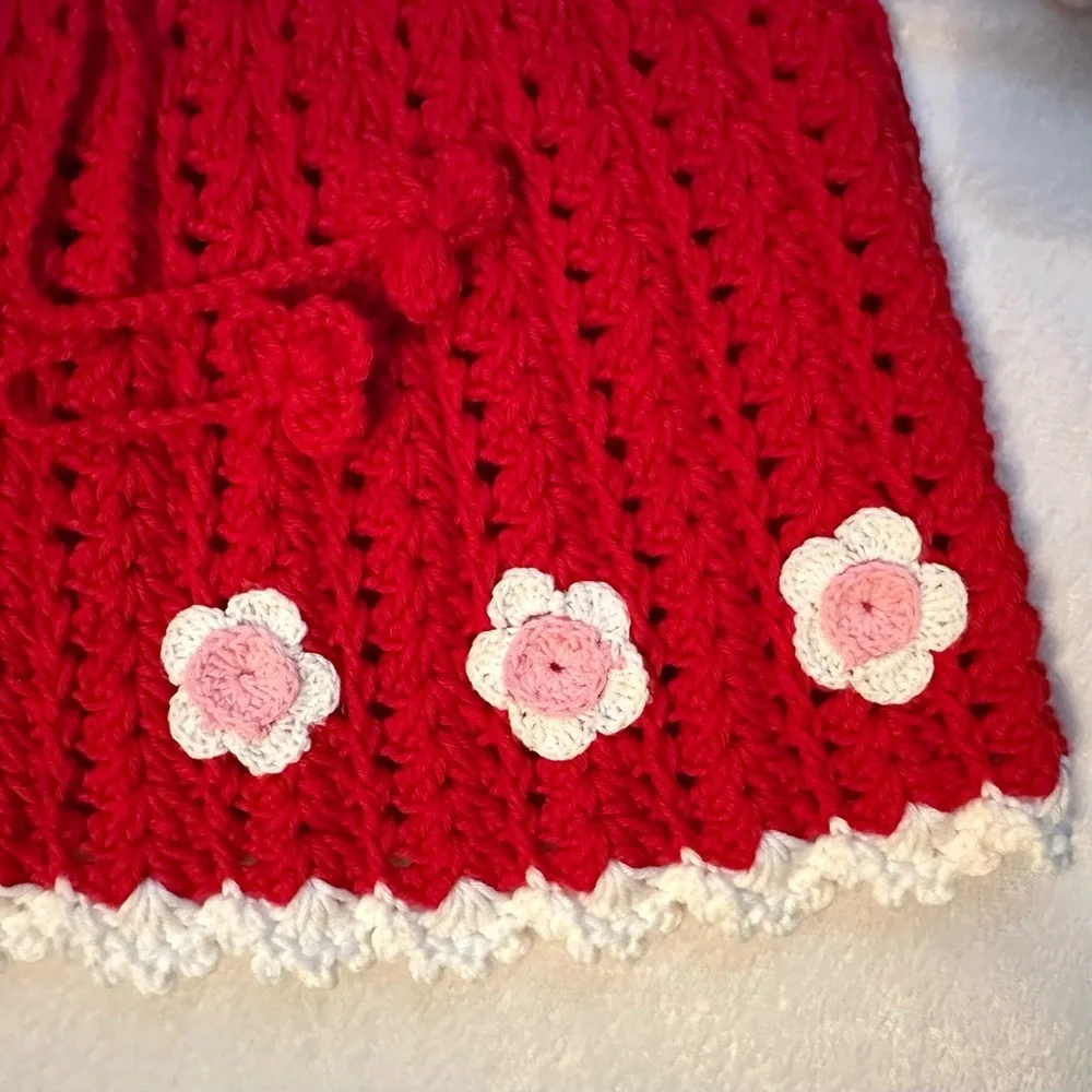 Hand & Heart Handmade Crocheted Red Baby Dress 6M Bows Flowers Appliqué Cotton